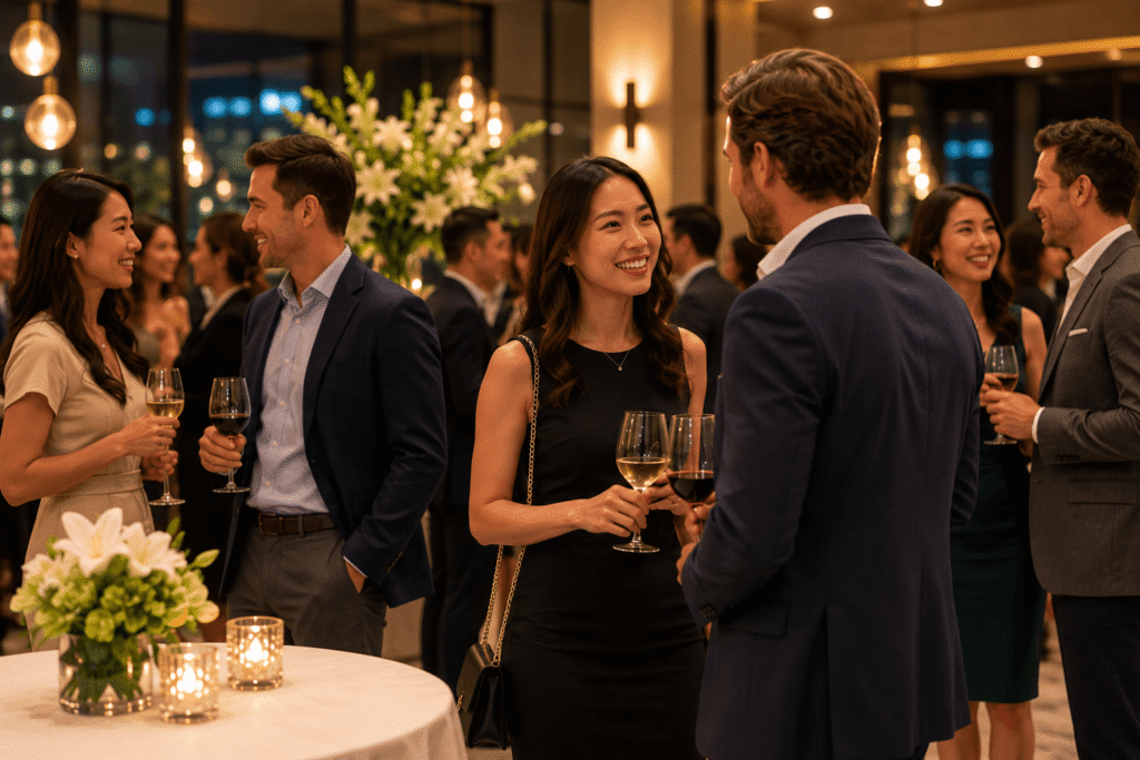 Relationship-minded Western men and Asian women meeting at a curated singles event hosted by Two Asian Matchmakers in Los Angeles.