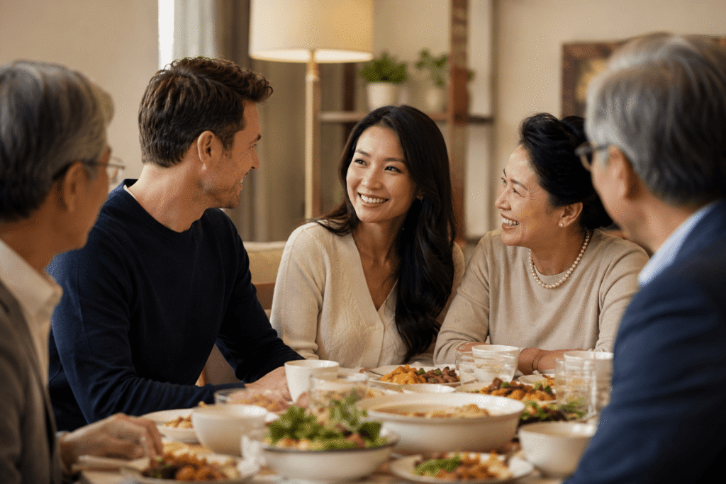 A Western man meeting an Asian woman’s family during a warm, intimate home dinner, reflecting cultural understanding and meaningful relationship building.