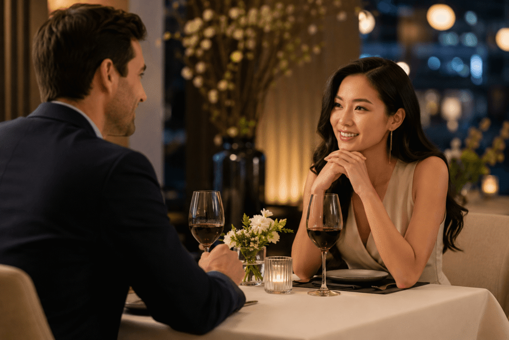A professional couple enjoying a thoughtful conversation during a romantic dinner in an elegant restaurant, representing meaningful connections and intentional dating.