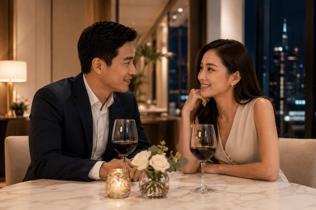 Successful Asian man and Asian woman on a curated dinner date in Los Angeles, reflecting intentional dating, cultural connection, and a serious relationship-focused matchmaking experience.