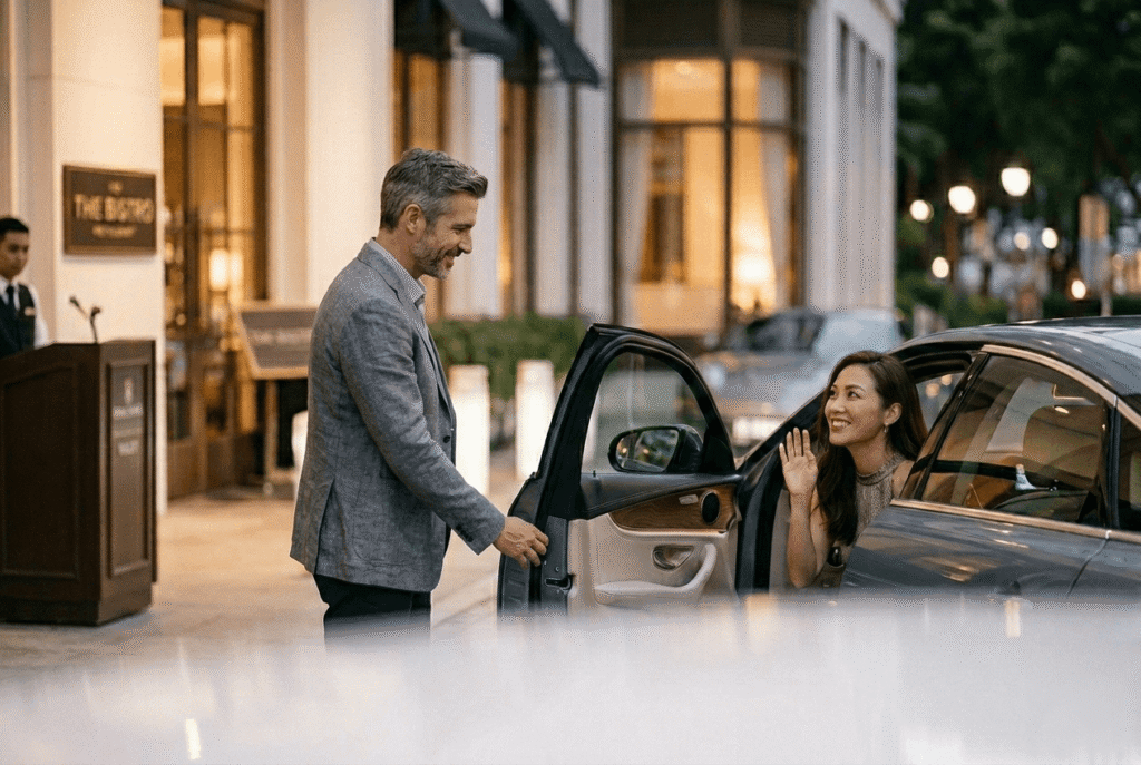 A man in a grey suit smiles as he closes a dark sedan's passenger door for a woman inside, who is smiling and waving. They are outside the restaurant "The Bistro" at dusk.