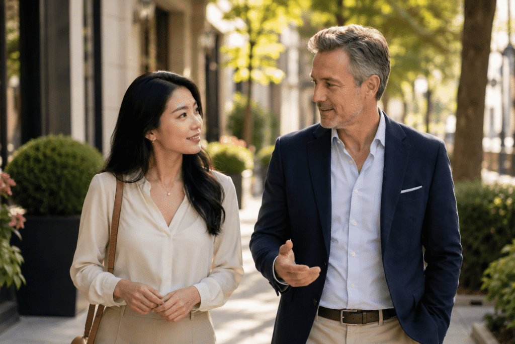 Western professional man and Asian woman enjoying a conversation while walking together on a first date.