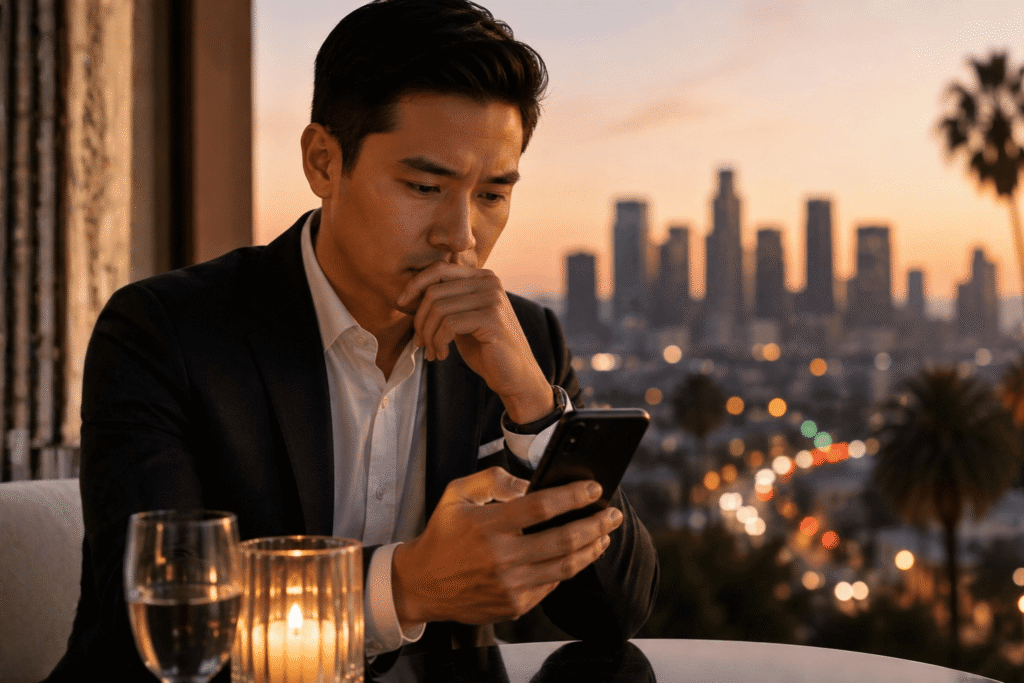 Professional man sitting alone at an upscale rooftop restaurant in Los Angeles while looking thoughtfully at his phone, representing modern dating, texting culture, and emotional disconnect in LA relationships.