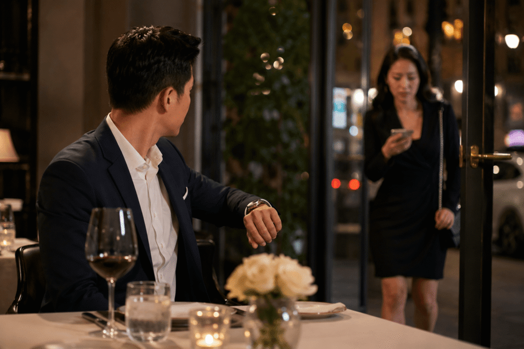 Professional man waiting at an upscale restaurant while an elegantly dressed woman arrives late to their first date in Los Angeles, capturing the importance of punctuality and first impressions in intentional matchmaking.