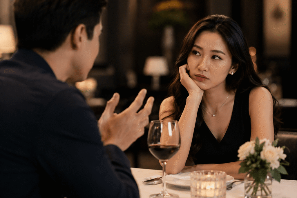 Professional couple on a first date at an elegant restaurant, with the woman appearing disengaged while the man speaks, representing common dating turn-offs and first impression mistakes men make during conversations.