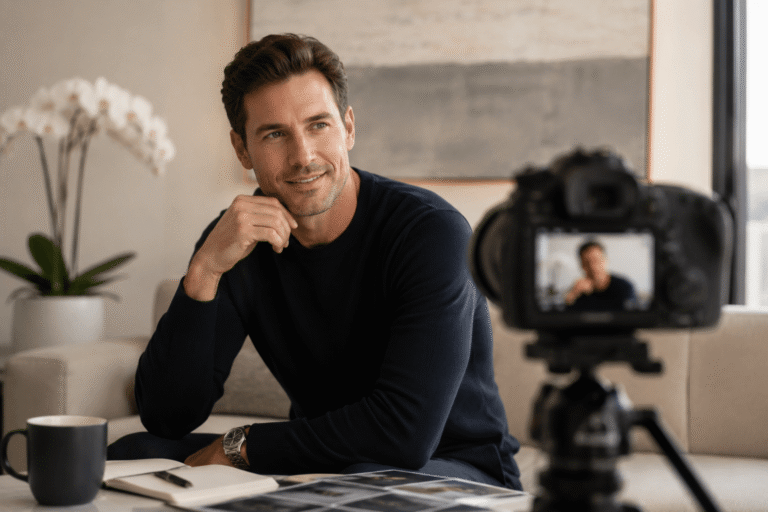 A handsome man smiling warmly during a professional dating photoshoot in a modern living room setting.