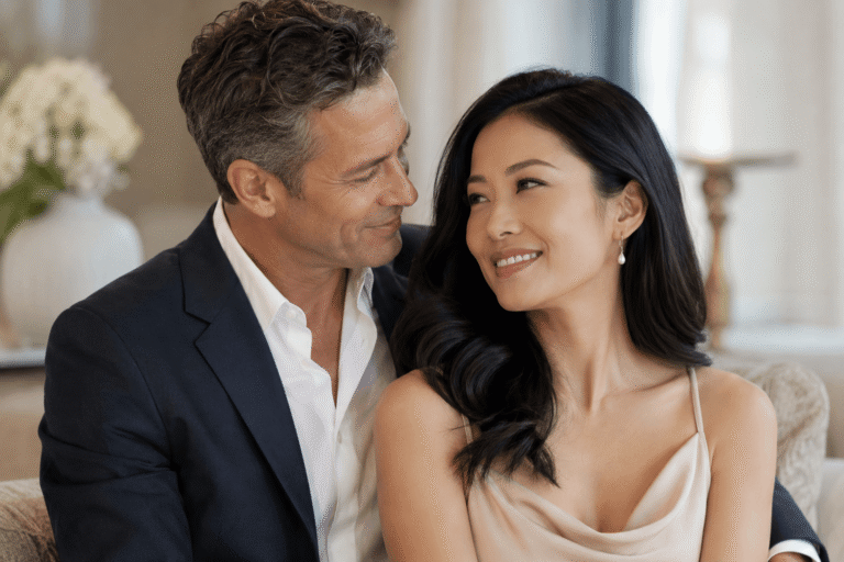 Elegant interracial couple sharing a warm moment together in a refined indoor setting, representing intentional dating, cultural connection, and meaningful relationships.