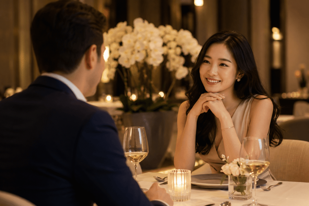 Elegant first date between an Asian woman and a professional man at a romantic upscale restaurant, representing intentional dating and meaningful connection.