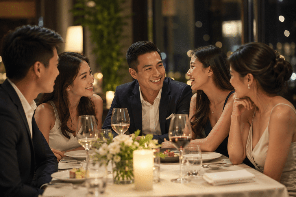 A warm, intimate dinner scene showing a group of Asian professionals enjoying conversation and connection at an elegant restaurant table, reflecting a relaxed group dating atmosphere.