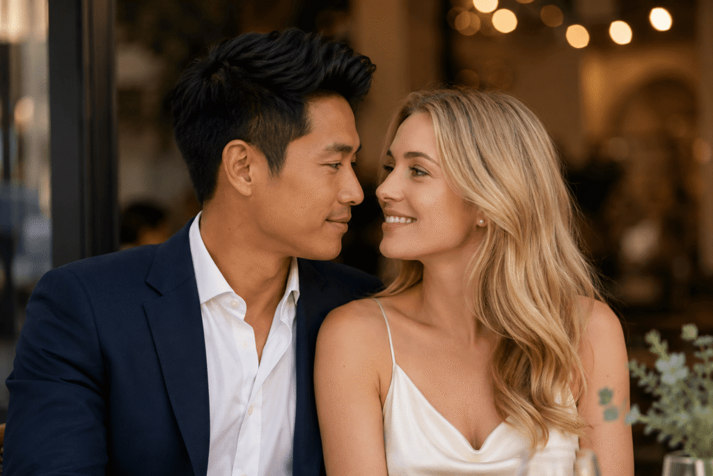 A romantic close-up of a couple sharing a warm, intimate moment in a softly lit café, symbolizing meaningful cross-cultural connection and intentional relationships.