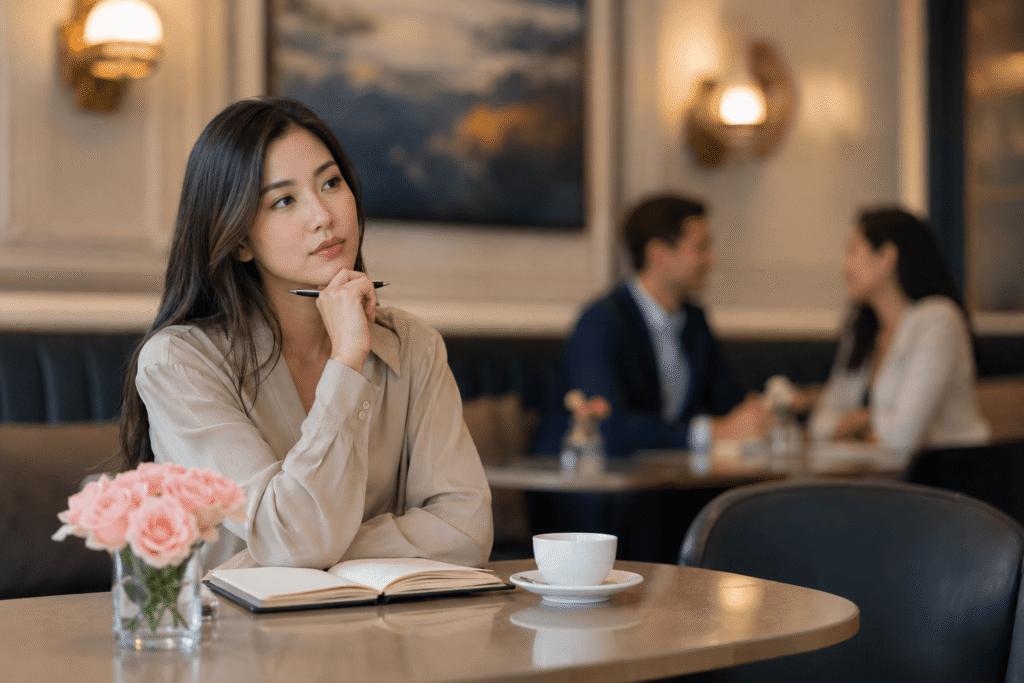 Thoughtful Asian woman reflecting during a quiet café date conversation, representing intentional dating and emotional clarity in modern relationships.