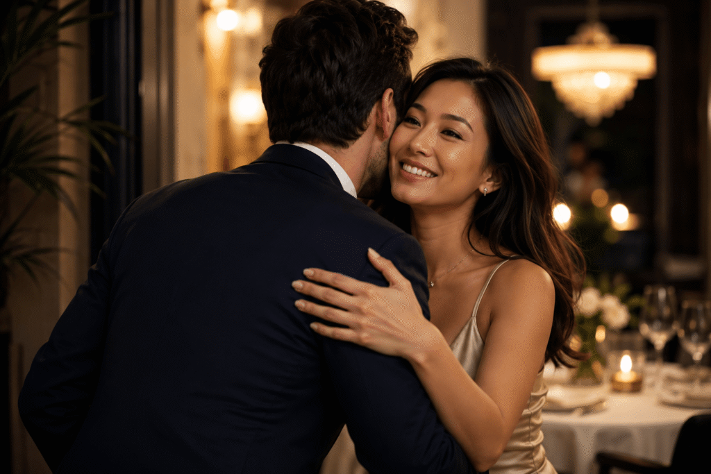 Elegant couple warmly greeting each other with a hug before a romantic dinner date in a softly lit restaurant