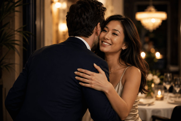 Elegant couple warmly greeting each other with a hug before a romantic dinner date in a softly lit restaurant