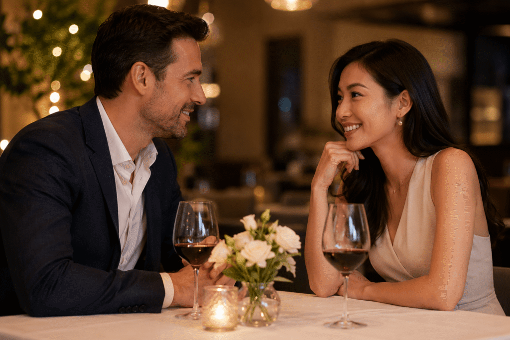 Professional man and Asian woman enjoying a warm face-to-face dinner date in an elegant restaurant, representing intentional dating and meaningful connection.