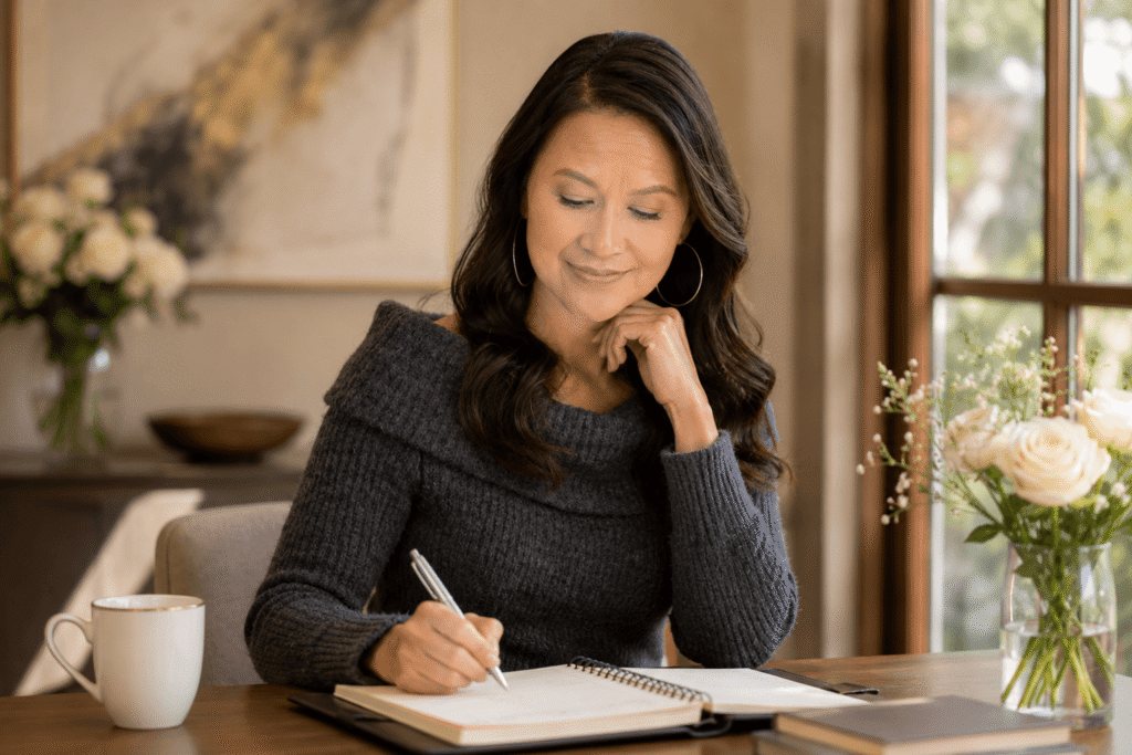 Warm editorial-style portrait of Matchmaker May in a calm indoor setting, reflecting thoughtful relationship guidance, emotional readiness, and intentional modern dating.