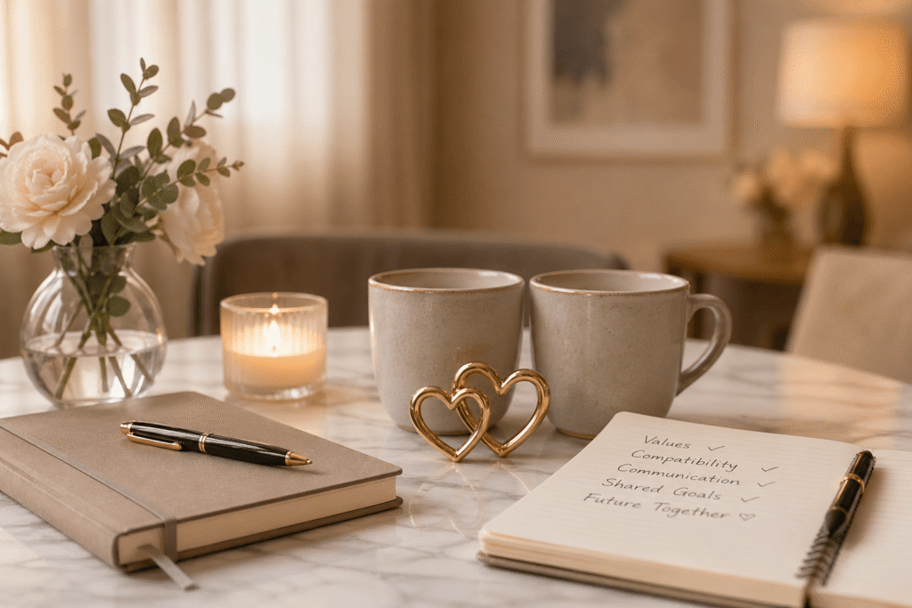 Warm, softly lit still life of a romantic café setting featuring two ceramic mugs, a heart sculpture, notebook with relationship notes, and floral accents symbolizing intentional connection and modern matchmaking.