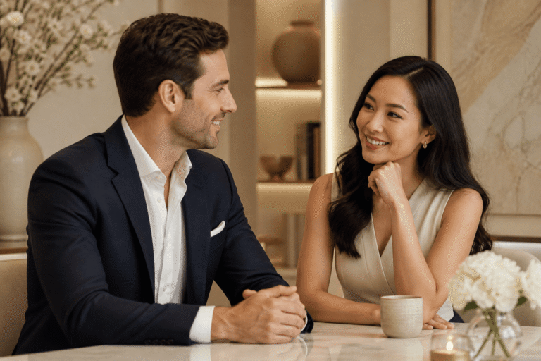 Asian woman and Western man enjoying a relaxed, elegant conversation over coffee in a softly lit setting, reflecting connection, shared values, and intentional dating