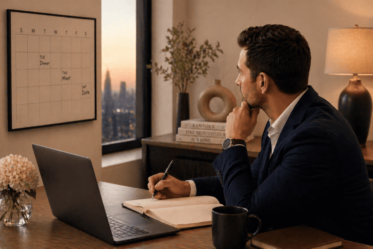 Man reviewing his schedule at a desk, thoughtfully planning dates while looking at a wall calendar in a calm, modern home office setting.