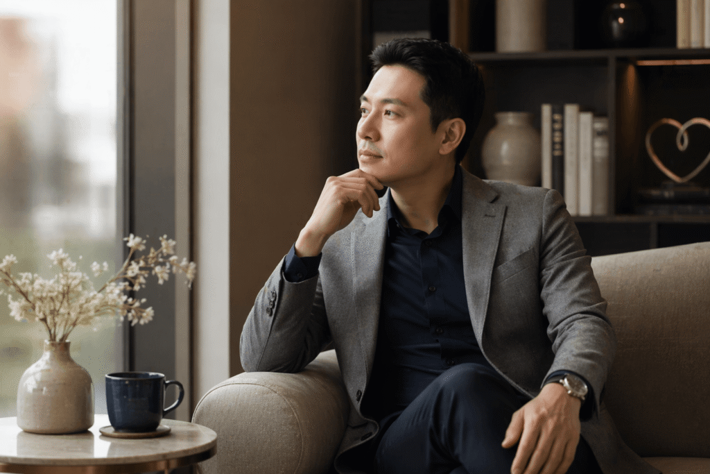 Asian professional man in a refined lounge setting, seated thoughtfully by a window, representing a calm and introspective approach to modern dating and meaningful relationships.