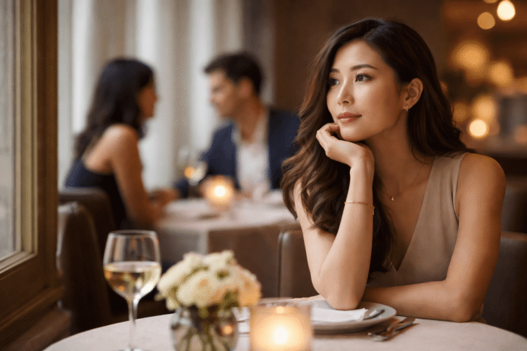 Asian woman sitting alone at an elegant restaurant table, reflecting thoughtfully about her relationship and future