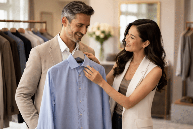 Chinese matchmaker providing image consulting by helping a client choose clothing in a modern boutique setting