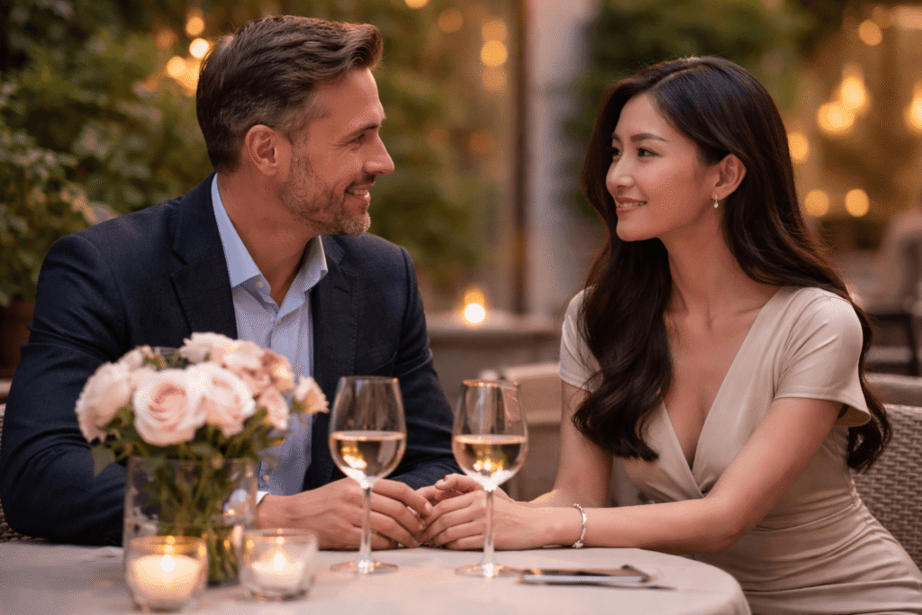 A refined romantic dinner scene featuring a Western man and an Asian woman sharing an intimate moment at an elegant outdoor restaurant, symbolizing a meaningful cross-cultural relationship and intentional matchmaking experience.