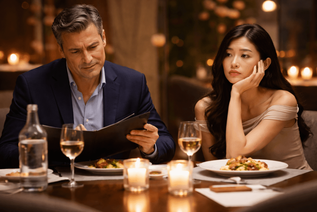 Man appearing overly focused and indecisive during a dinner date while his partner looks disengaged, highlighting an awkward and unbalanced interaction.