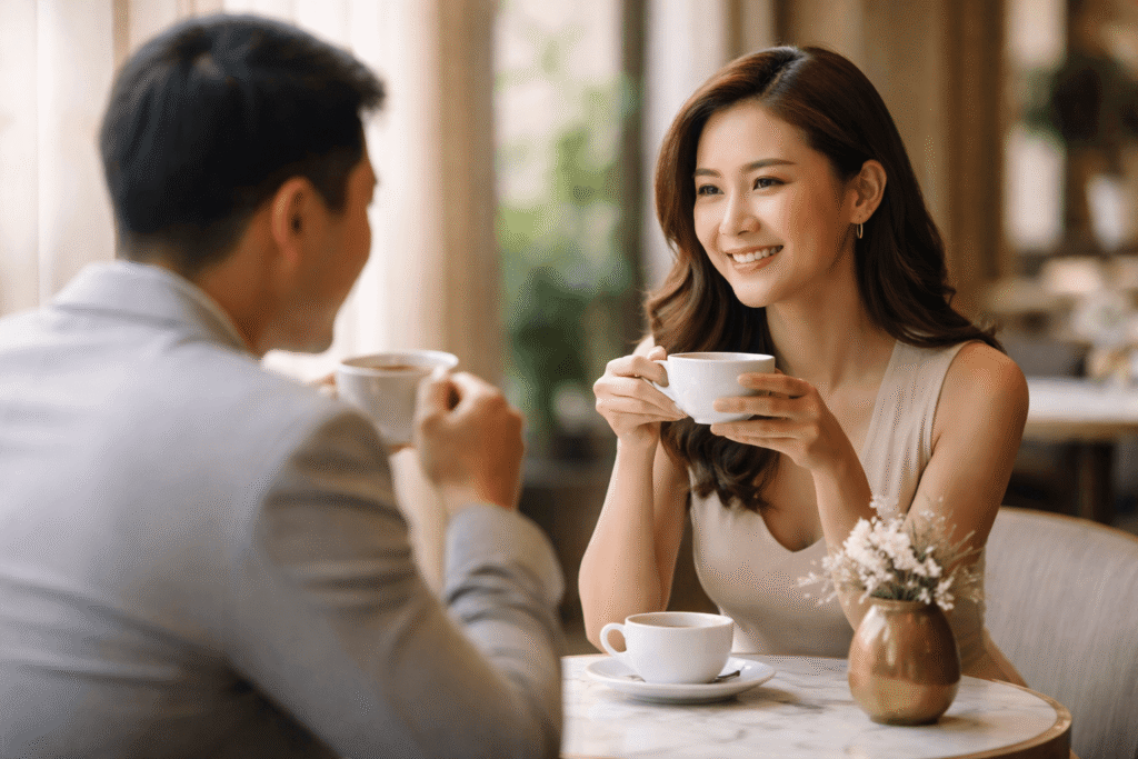 Asian couple on a relaxed coffee date, smiling and getting to know each other in a warm, elegant café setting.