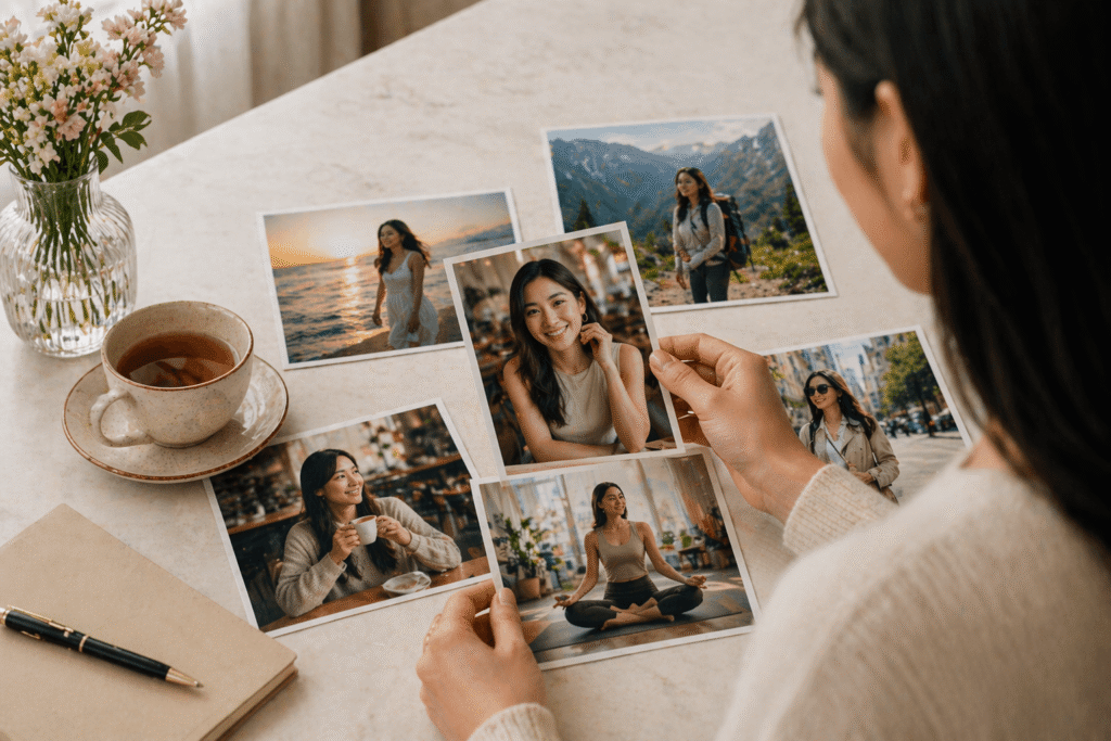 Asian woman thoughtfully reviewing and selecting printed personal photos on a table, curating lifestyle images for a dating profile in a bright, elegant home setting.