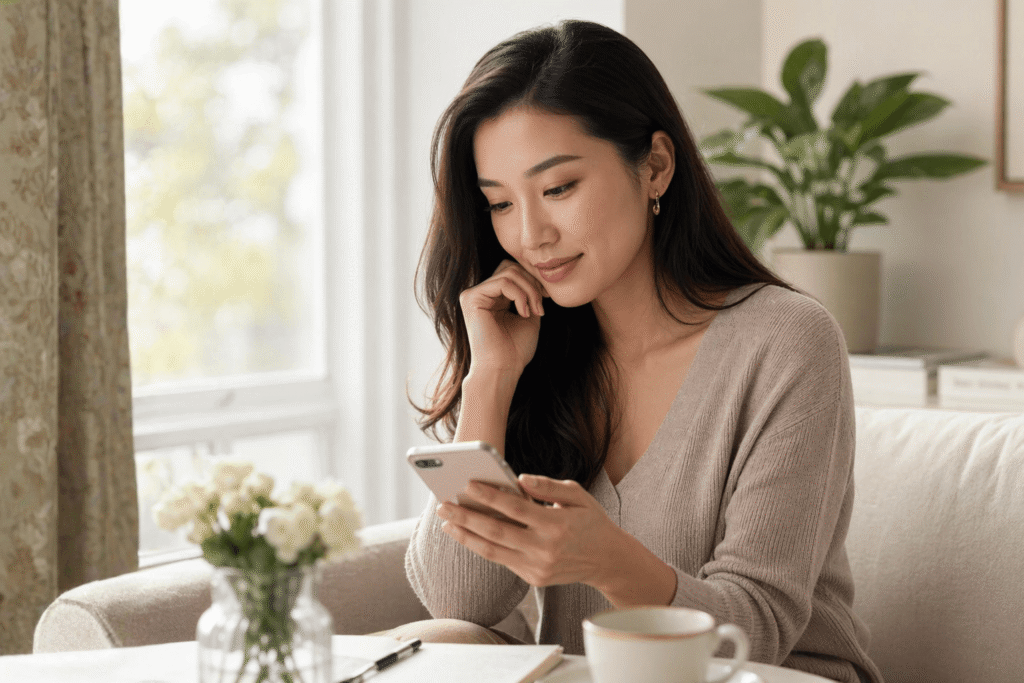 Asian woman thoughtfully reading a man’s online dating profile on her phone in a calm, elegant home setting,