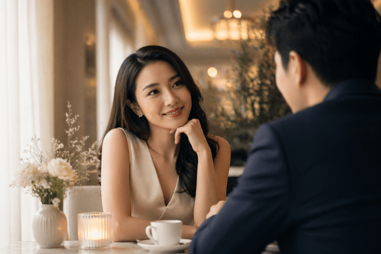 Asian couple enjoying a warm conversation during a romantic dinner date in an elegant restaurant.