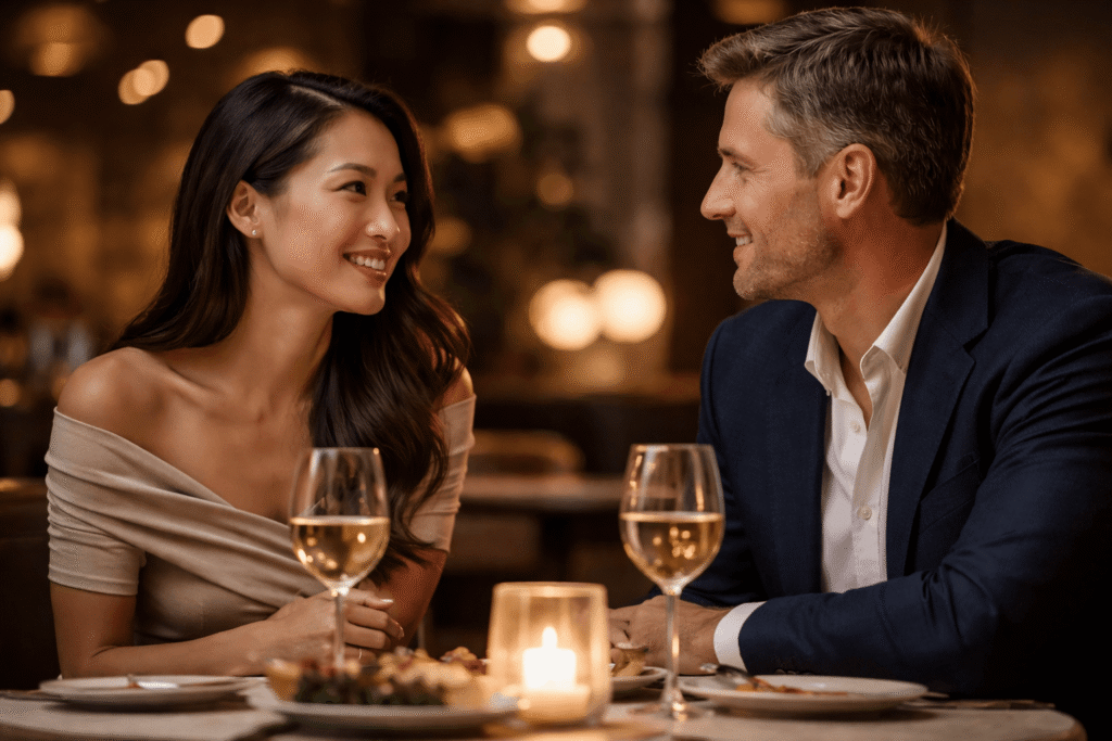 A Western man and an Asian woman enjoying a romantic dinner date at a cozy candlelit restaurant, smiling warmly and making eye contact across the table with wine glasses and intimate ambient lighting.