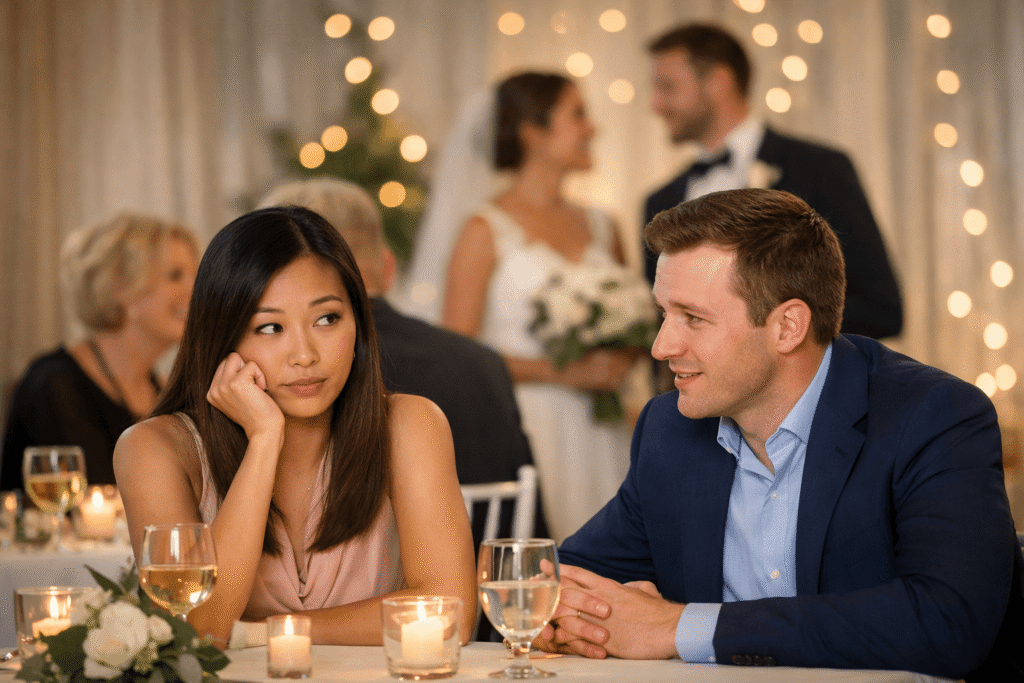 Elegant Asian woman looking uncomfortable during a formal wedding reception date while a man smiles beside her, illustrating an awkward first date in a high-pressure setting