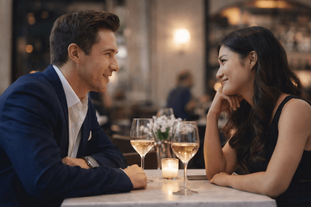 Asian couple on a first date having a meaningful conversation at a restaurant, showcasing good dating etiquette