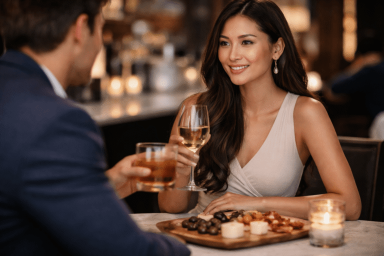 Well-dressed couple enjoying drinks and appetizers on a first date at an elegant restaurant, sharing a comfortable and engaging moment together