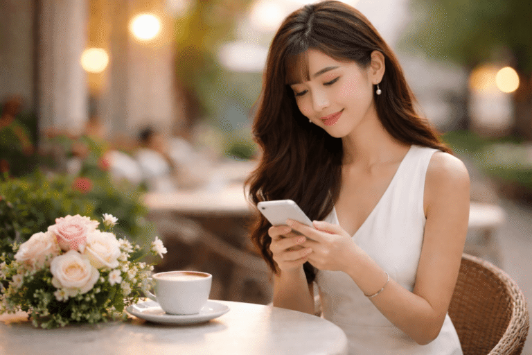 Japanese woman at a café smiling while texting after a date, illustrating texting etiquette and modern dating communication