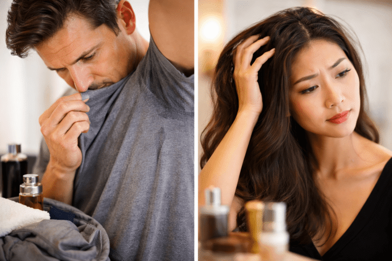 Man checking shirt for odor and woman touching hair in mirror, highlighting hygiene and first date preparation concerns.