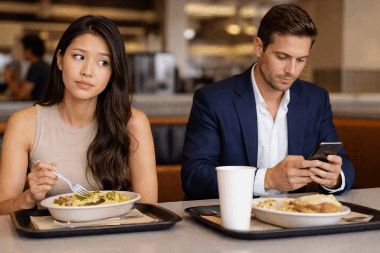 Awkward first date at a casual restaurant with an Asian woman looking uncomfortable while her date is distracted on his phone
