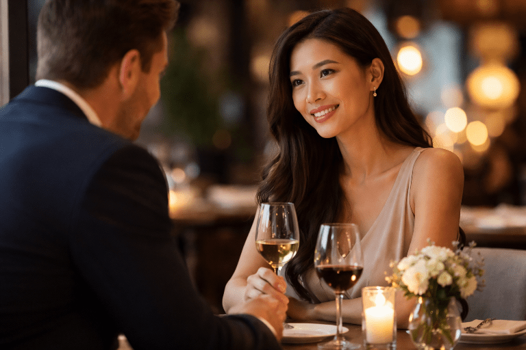 Asian woman and Western man on a candlelit dinner date, smiling and engaged in conversation, representing guided matchmaking for inexperienced daters.