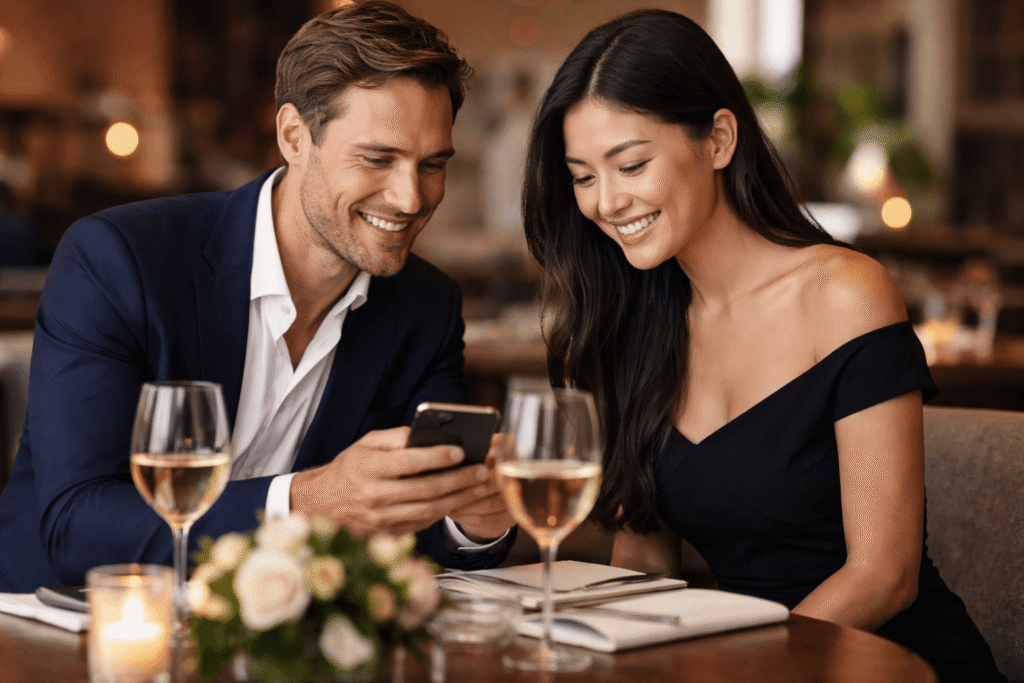 Elegant couple enjoying a relaxed dinner date at an upscale restaurant, reviewing plans together on a phone in a warm, intimate setting