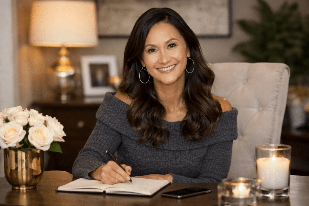Professional portrait of Beverly Hills Asian matchmaker May Bugenhagen in an elegant office setting