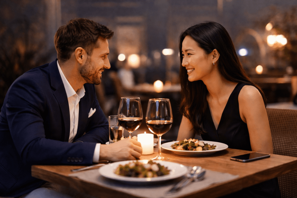 Elegant, softly lit restaurant setting with a professional man and woman in their 30s–50s sharing a warm, engaging conversation over dinner, symbolizing connection and intentional dating in a refined matchmaking experience.