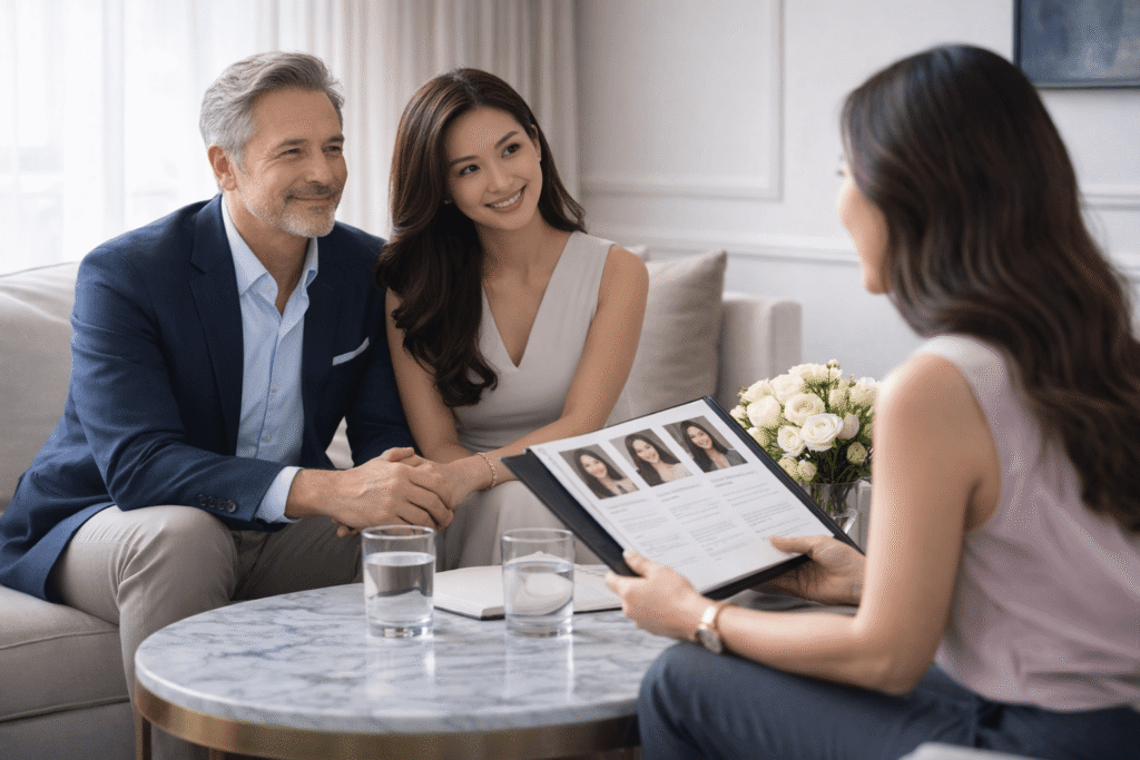 Professional matchmaker consulting with a successful Western man and Asian woman during a private matchmaking session