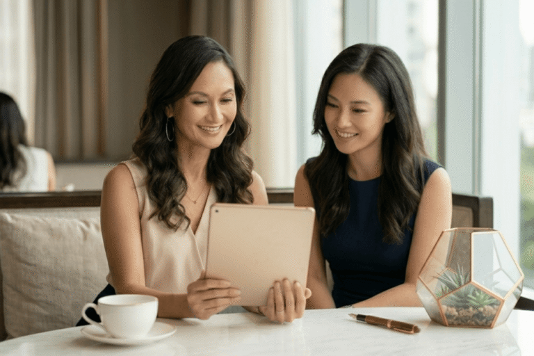 Two Asian women smiling while looking at a tablet together in a cafe setting, with city views and people blurred in the background.