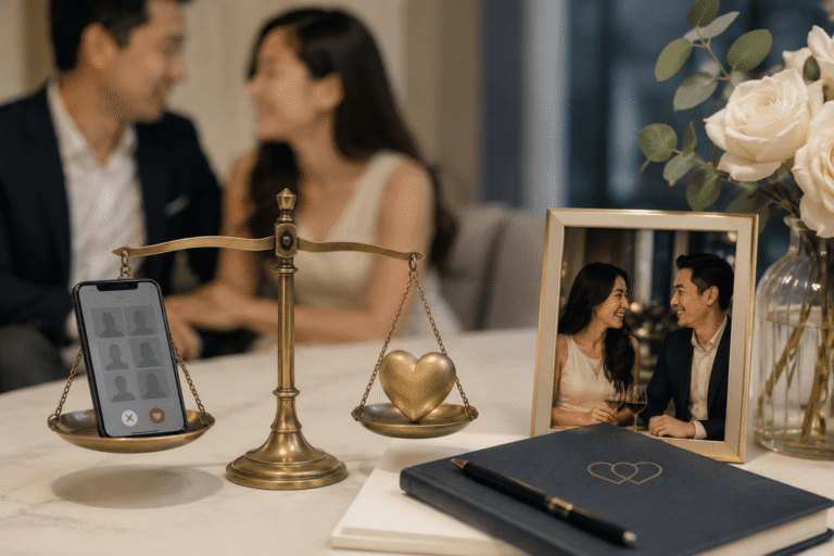 Professional matchmaking service compared to dating apps, symbolizing the value of vetted introductions, real connections, and finding a meaningful relationship.